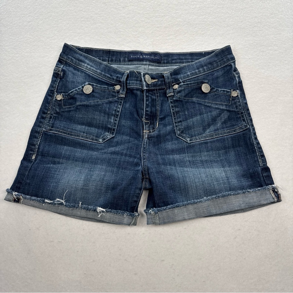 Rock & Republic Stinger Jean Shorts Womens 8 Blue Denim Stretch Raw Hem Cuffed